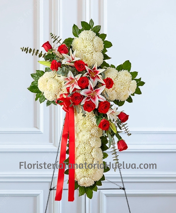 Cruz de flores para difuntos claveles blancos y rosas rojas